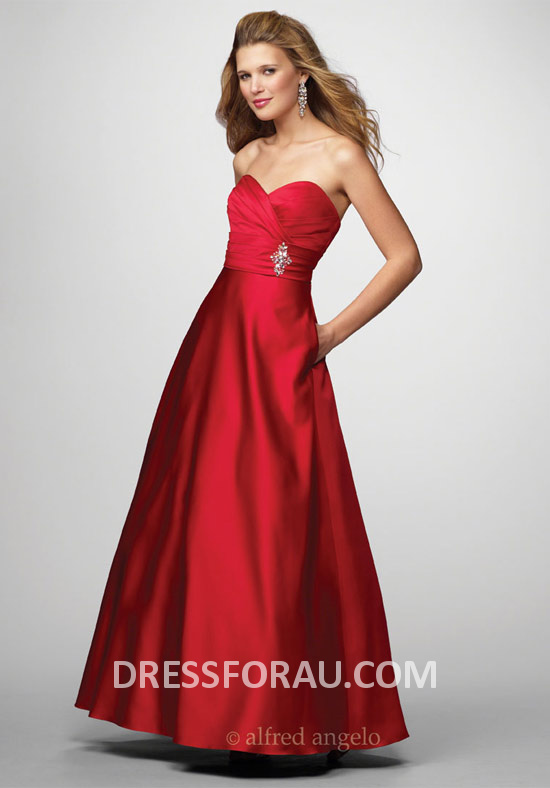Red Sexy A-Line Princess Pleats Sweetheart Satin Floor-Length Bridesmaid Gown